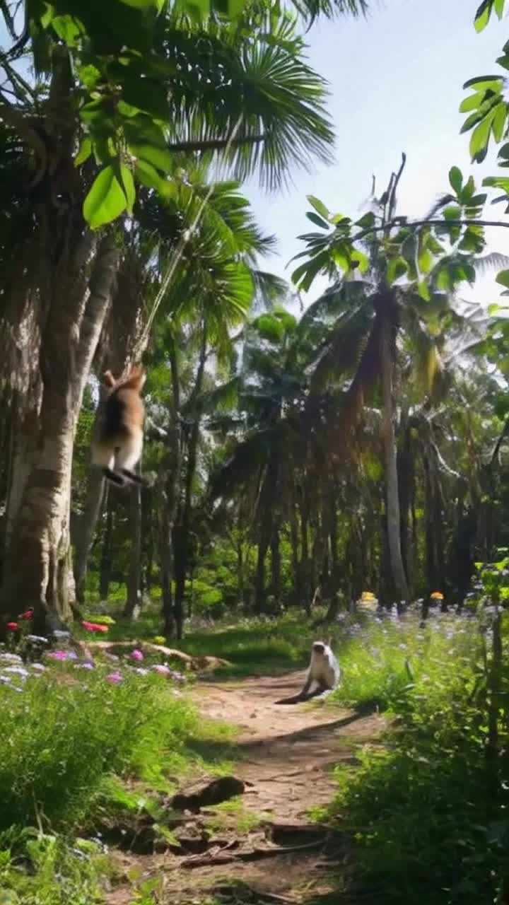 Majestic monkey swings effortlessly through lush green jungle canopy Brighteyed rabbit hops energetically across forest floor Curious duo spots a scruffy dog lounging nearby Trees sway gently in a soft breeze vibrant wildflowers bloom around them Sunlight filters through leaves casting playful patterns on ground Adventure beckons as they decide to pursue their newfound target enchanted sounds of nature surround them