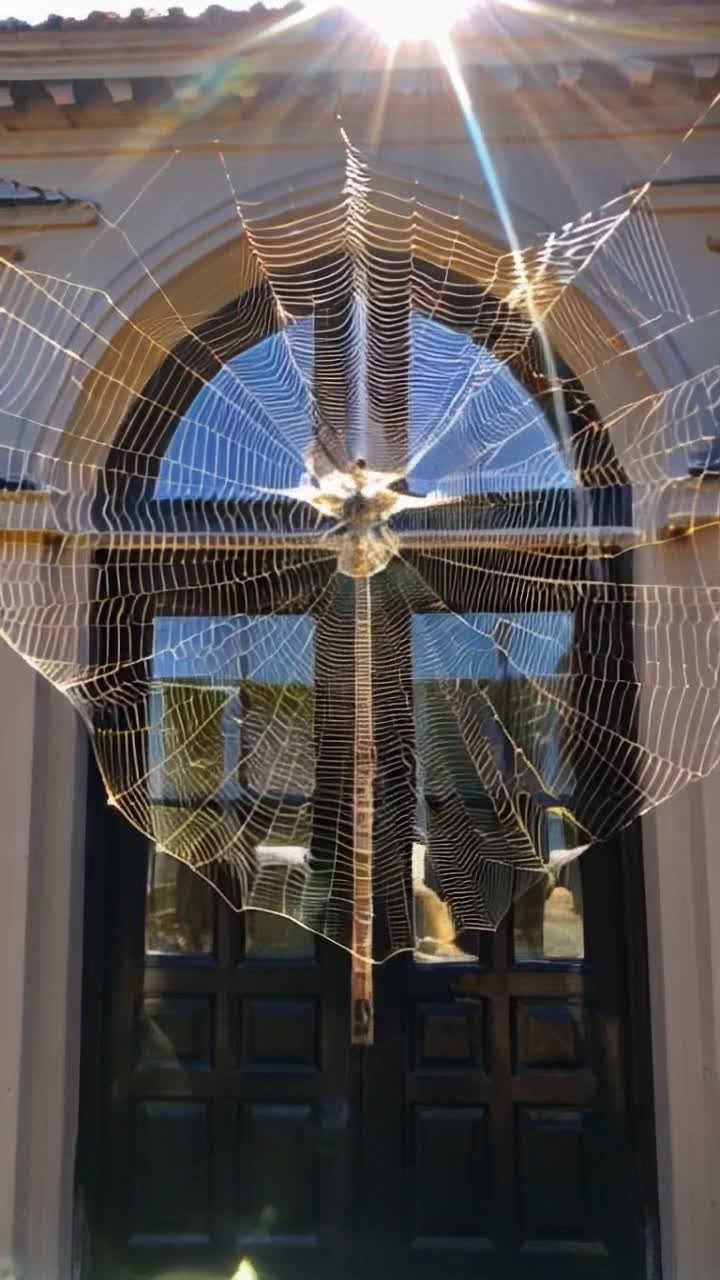 A spiderweb above front doors of a church has a pareidolia type phenomenon of the word ENTRANCE in the sun sparkling silk weaving of the web The spider is gone but left the web across the doors as if they should not be open, will not someone think of the children