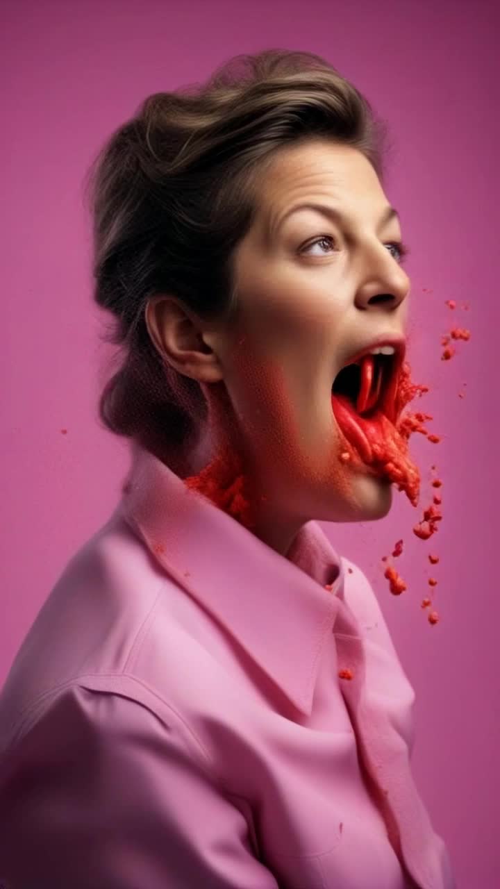 The image depicts a dynamic scene with a feeling of explosion or release The movement is portrayed by the red particles and material seemingly bursting from the subjects mouth, creating a sense of fluidity and energy This effect gives an impression of vibrant motion, as if something is being forcefully expelled The overall composition, combined with the bright colors and expression, enhances this sense of movement