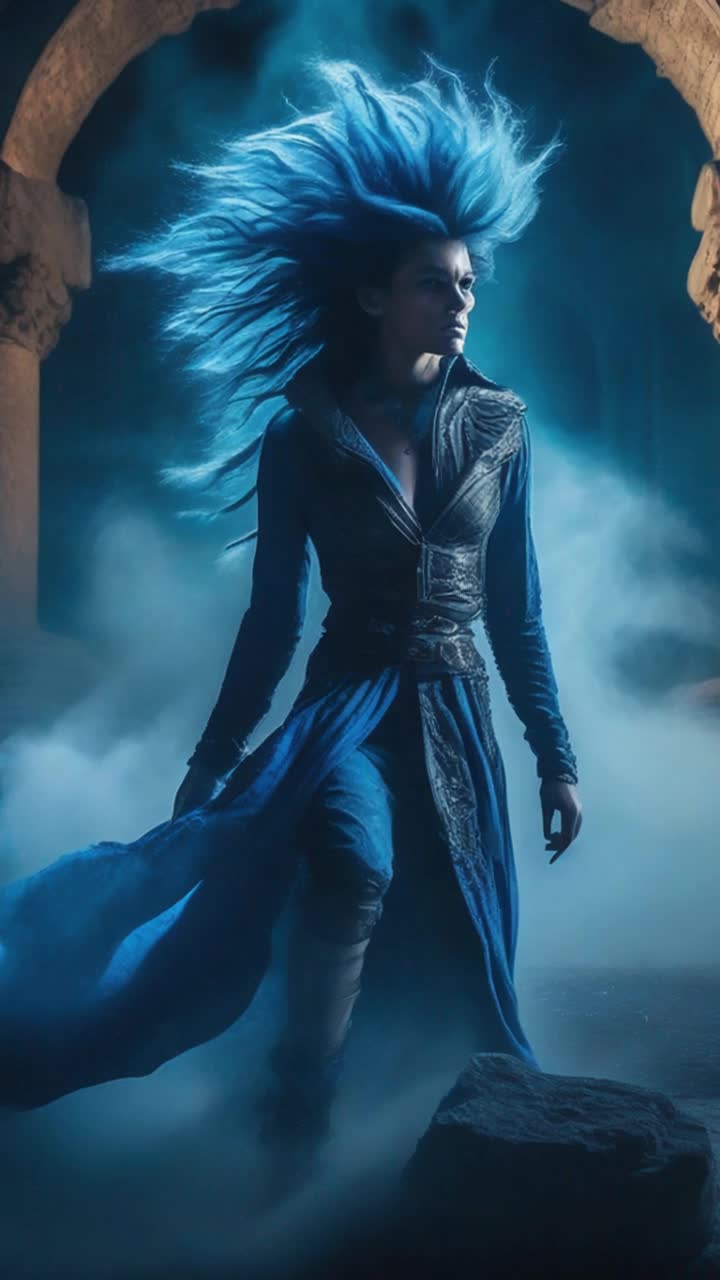 High vibrational warrior with striking spiky hair emanating an aura of power vibrant energy swirling in brilliant atomic blue Charged forward with fierce determination expertly dodging menacing dark spells launched by formidable evil witches cloaked in shadows surrounded by swirling mist and ancient ruins lit by eerie moonlight