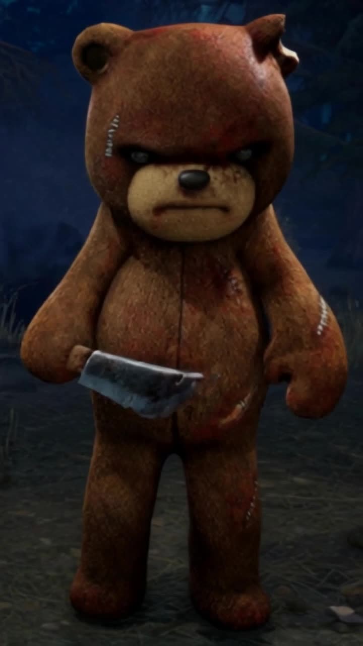 Fluffy teddy bear with a fierce expression gripping a gleaming machete tightly in its stitched paws charging forward with determined energy through a shadowy forest filled with twisted trees and glowing eyes peering from the darkness vibrant moonlight filtering through the canopy illuminating patches of vibrant green moss and scattered autumn leaves creating a surreal contrast between innocence and danger
