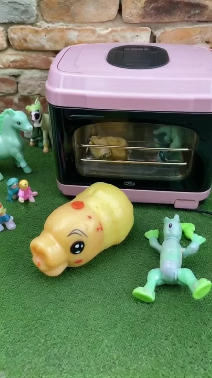 A Mr potato head has been taken out of its box and lays without its pieces next to an easy bake oven  while little green army men are scattered about and a my little pony comes to life and gallops away 