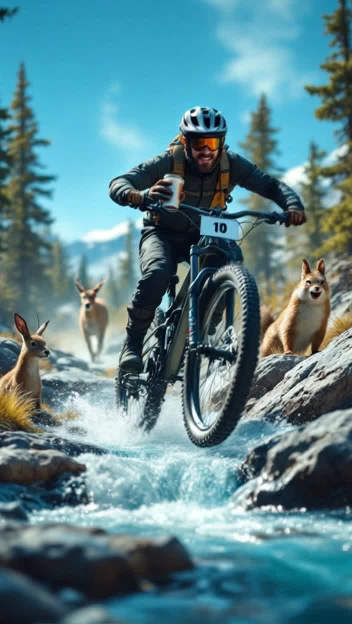 Extremely fast paced, real time, this could all be done within 5 seconds, especially with a little fast forward and editing,  from the top of the mountain bike trail, a midday summit thermos cup of steamy warm coffee in the cool mountain air is chugged with ecstatic enjoyment while sitting on a shiny new black and silver mountain bike, thermos is closed quickly for the quick start of descent down the mountain and picking up speed, even with wildly crazy twists and turns on the bumpy trail, passing startled deer, rabbits and a cougar, an annoyed squirrel flips a bird, oh well, details emphasized on the animals, almost to the end when the front wheel hits a rock, the bike flies up in a loop to come down into the deep cool rushing water of the nearby river, clear blue sky, erratic comical animals faces as they laugh and three lift score cards up, a deer holds a score card of 10 points, the cougar holds a score card of ten  points and a squirrel holds a score card of 10 points, simultaneously synchronized, big smiles of amusement, speed is of the essence Where did that come from The biker is nowhere near the animals that watch and keep score    Where is the laughter of the animals amusement, where are the score cards that each day 10 points Im sorry, can we try one last time to follow the prompt on this Biker lands in the nearby river, animals of deer, cougar and squirrel laugh,  hold up scores of 10 points each, thank you