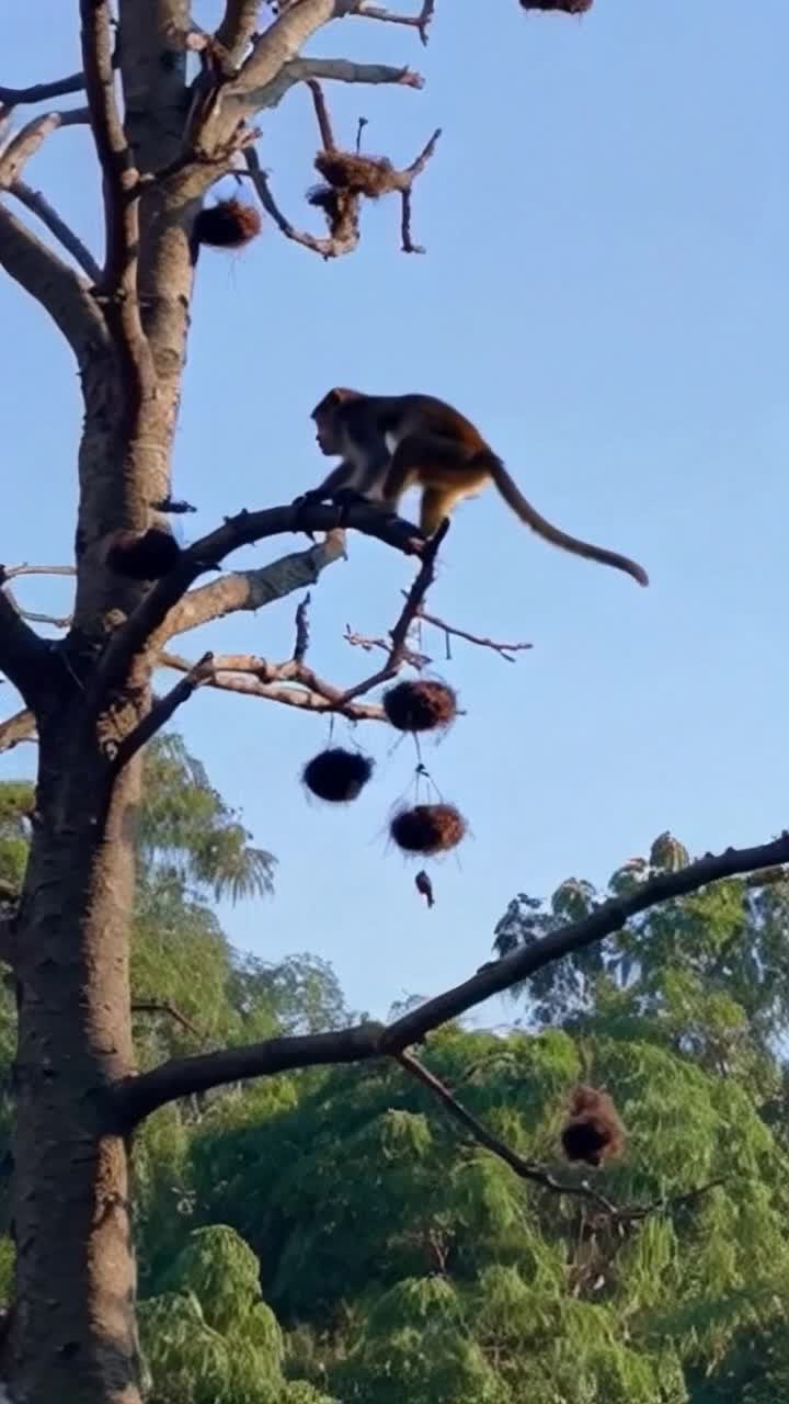 Monkey shaking tree branches and making birds nests fall