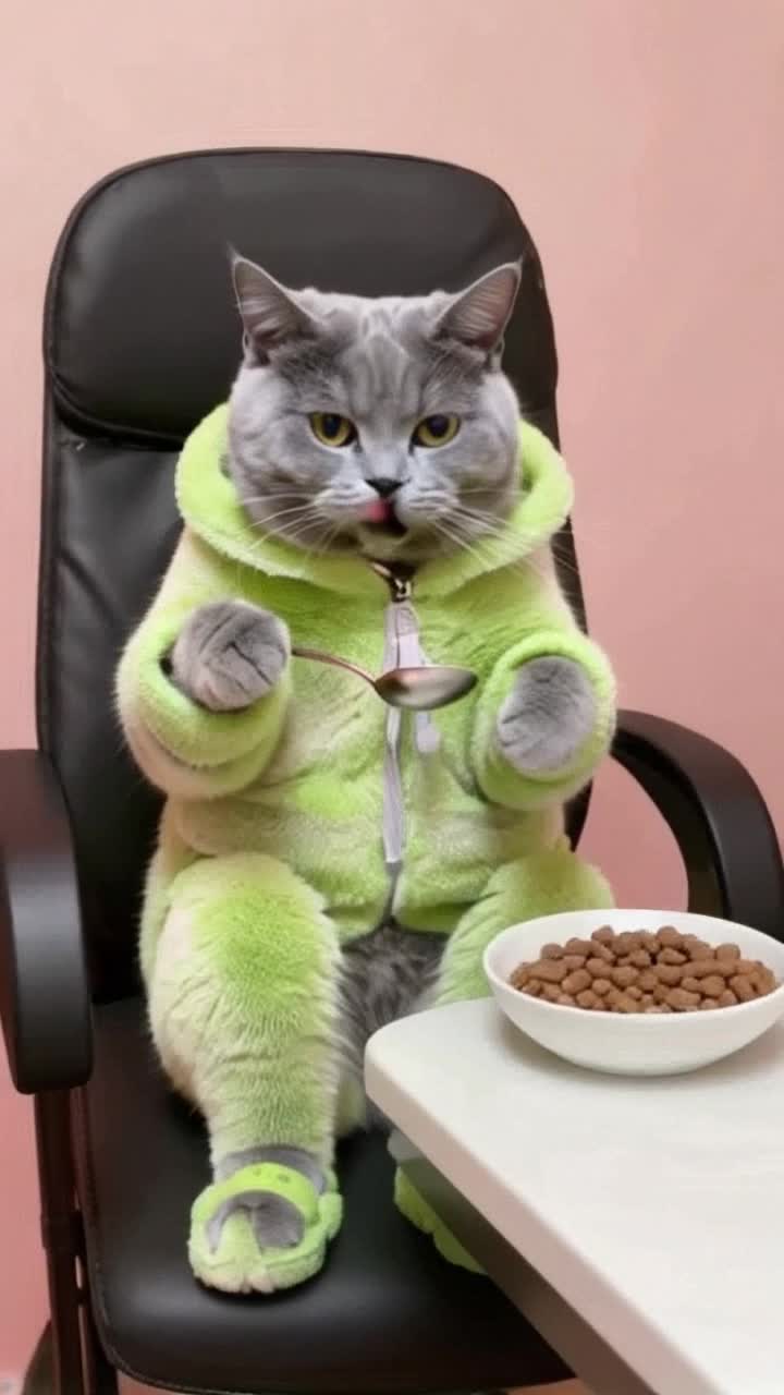 The uniform of an animated  anime gray tabby housecat, wearing a bright green terry cloth robe and matching slippers on hind paws, sitting in a chair like a human at a kitchen table with a bowl of kitty kibbles and a spoon, the cat gently swings her feet in a relaxing manner