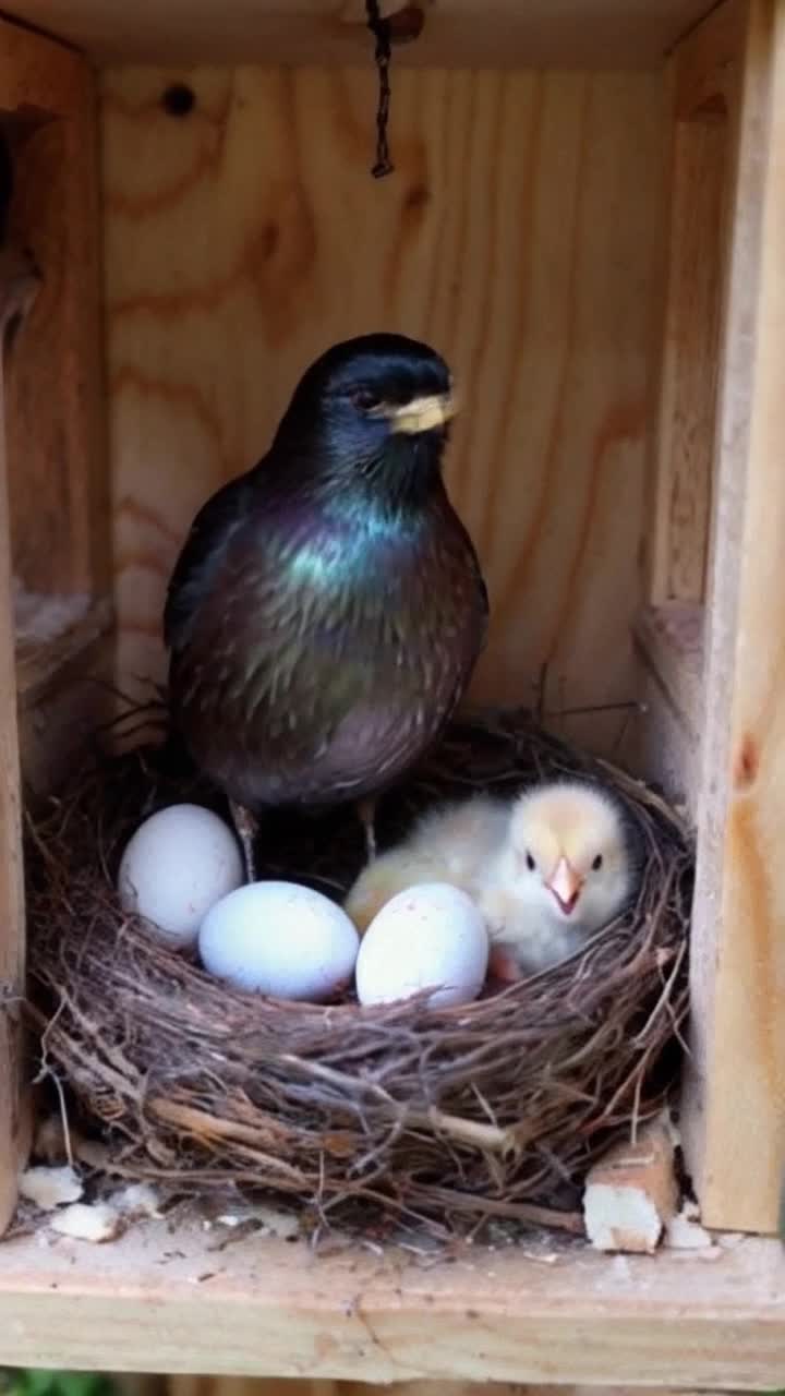 Adorable chubby dark iridescent colored mother bird sits up a little higher in her nest inside a furnished birdhouse in a tree, happily startled at how soon and easy her three tiny iridescent eggs are hatching three already fluffy chubby chicks of shiny pastel colors
