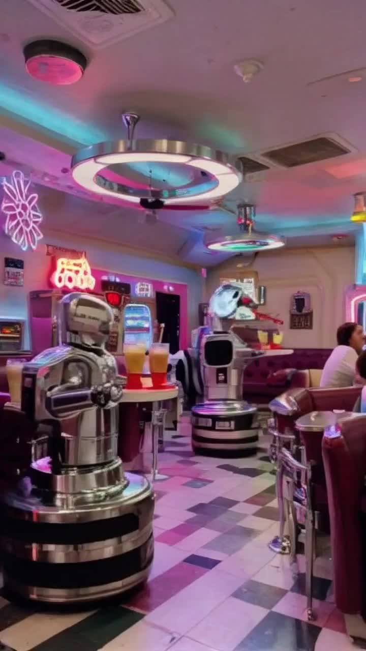 Retro futuristic robots and machines in a vintage diner wearing fashion fashionista dresses dress rockabilly glam 1950 sock hop soda fountain milkshake ice cream parlor chrome 