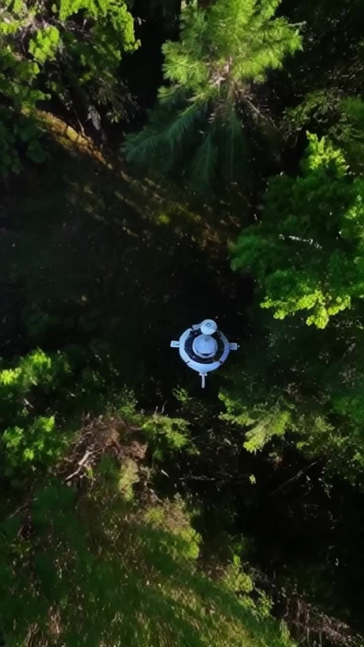 Miniature satellites orbiting a sophisticated robot, treading through a thick swampy jungle, patches of sunlight shining through trees