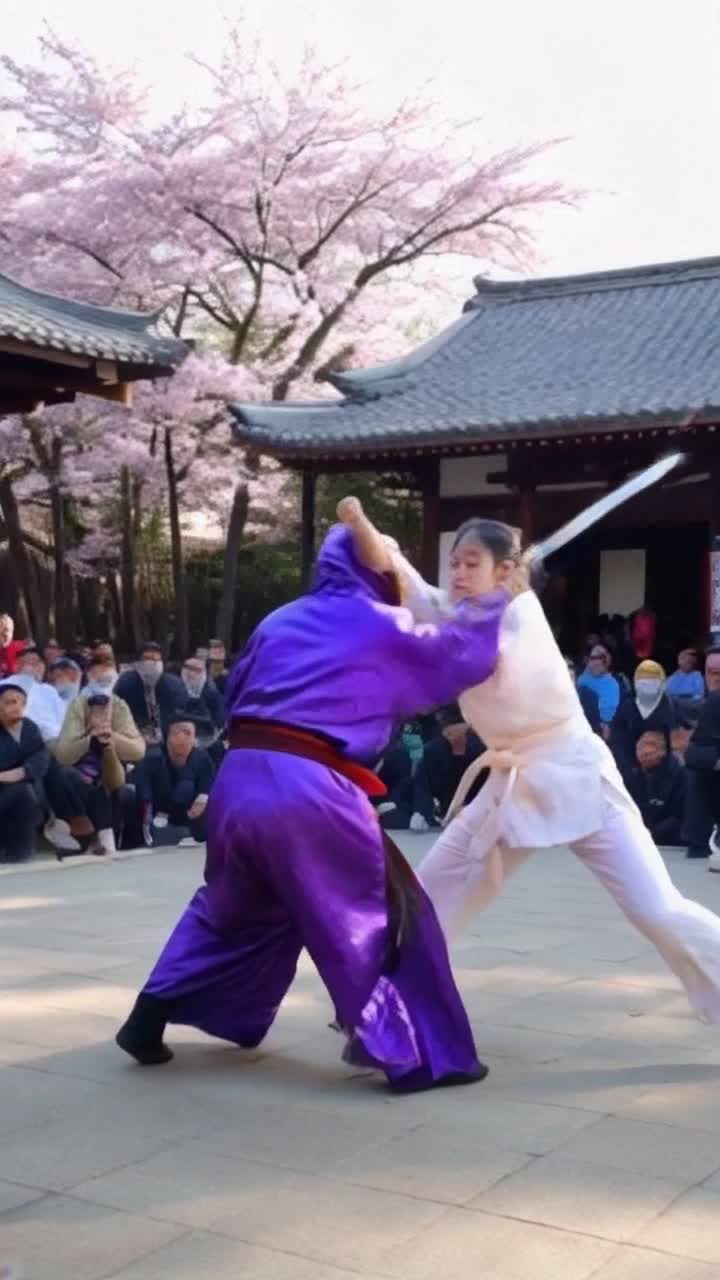 Girl with striking blue eyes unleashing fierce punches against a fierce opponent with vibrant purple hair wielding a shimmering katana Tension fills the air as they clash in a sunlit dojo surrounded by traditional bamboo and intricate cherry blossom trees swaying gently in the breeze Each movement generates a whirlwind of energy, creating a dance of skill and determination beneath a clear blue sky The sound of metal ringing echoes dramatically, enhancing the intensity of their battle Dust swirls around their feet as the crowd gasps, captivated by this duel of strength and agility