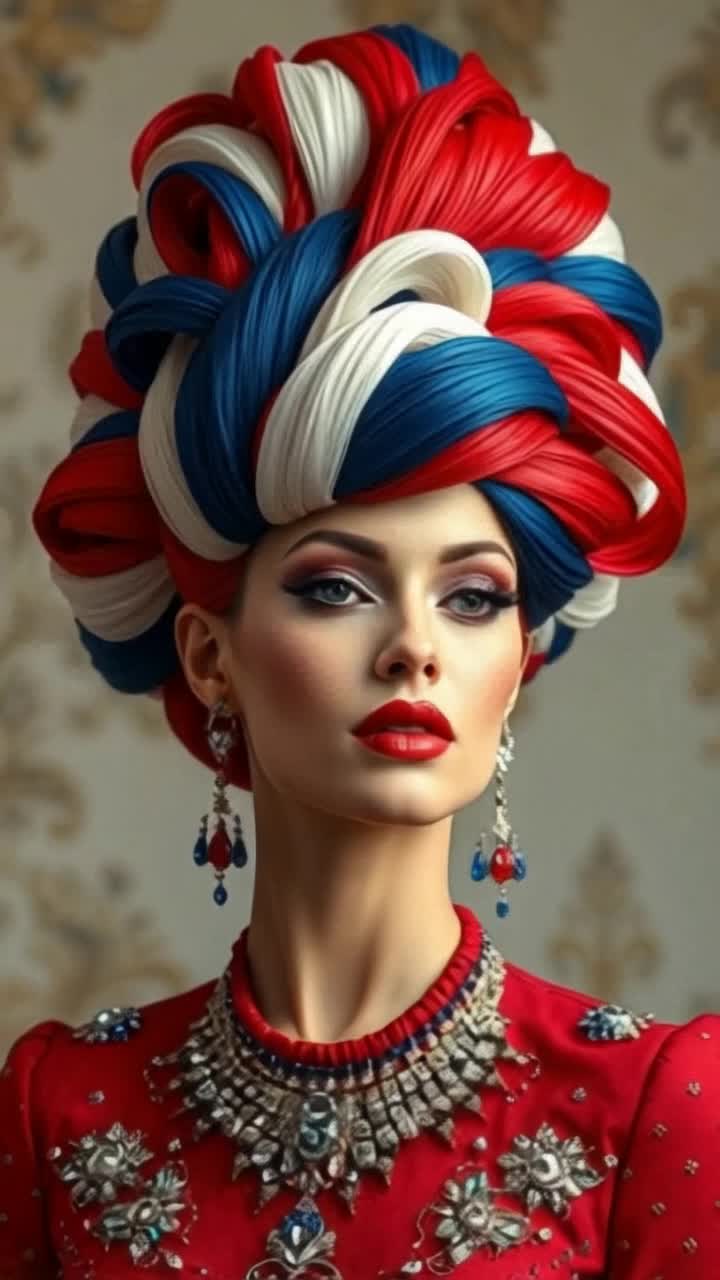 Radiant woman with big, bouffant beehive hair, and vibrant attire beams with pride, turning her head to the side to show off her spectacular hair to best advantage as sunlight dances on her face Bright blue sky adorned with fluffy white clouds creates an uplifting atmosphere