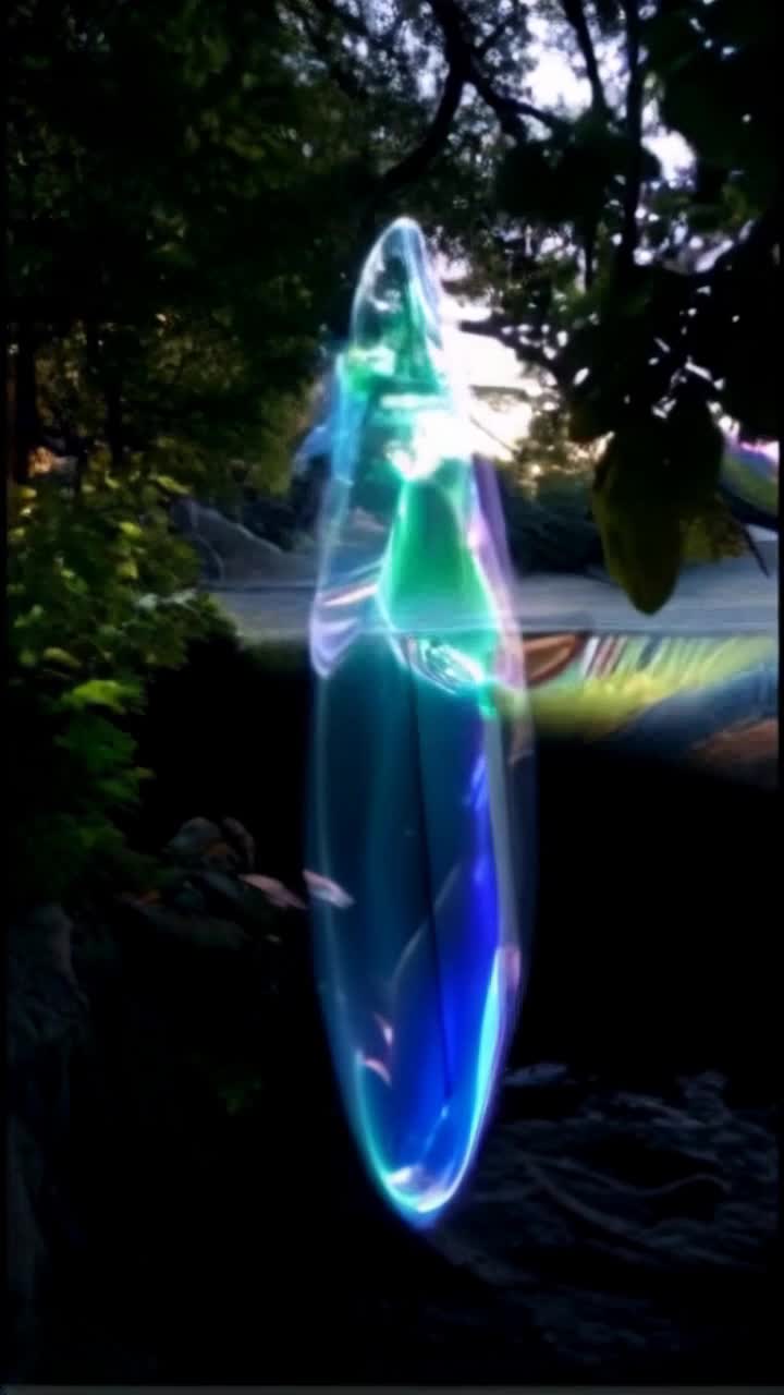 Translucent hologram shimmering in vibrant colors transitioning away Unveiling serene forest glade with sunlight filtering through lush green leaves Gentle breeze rustling wildflowers and soft trickling stream nearby Relaxing sounds of chirping birds and distant waterfalls create tranquil ambiance