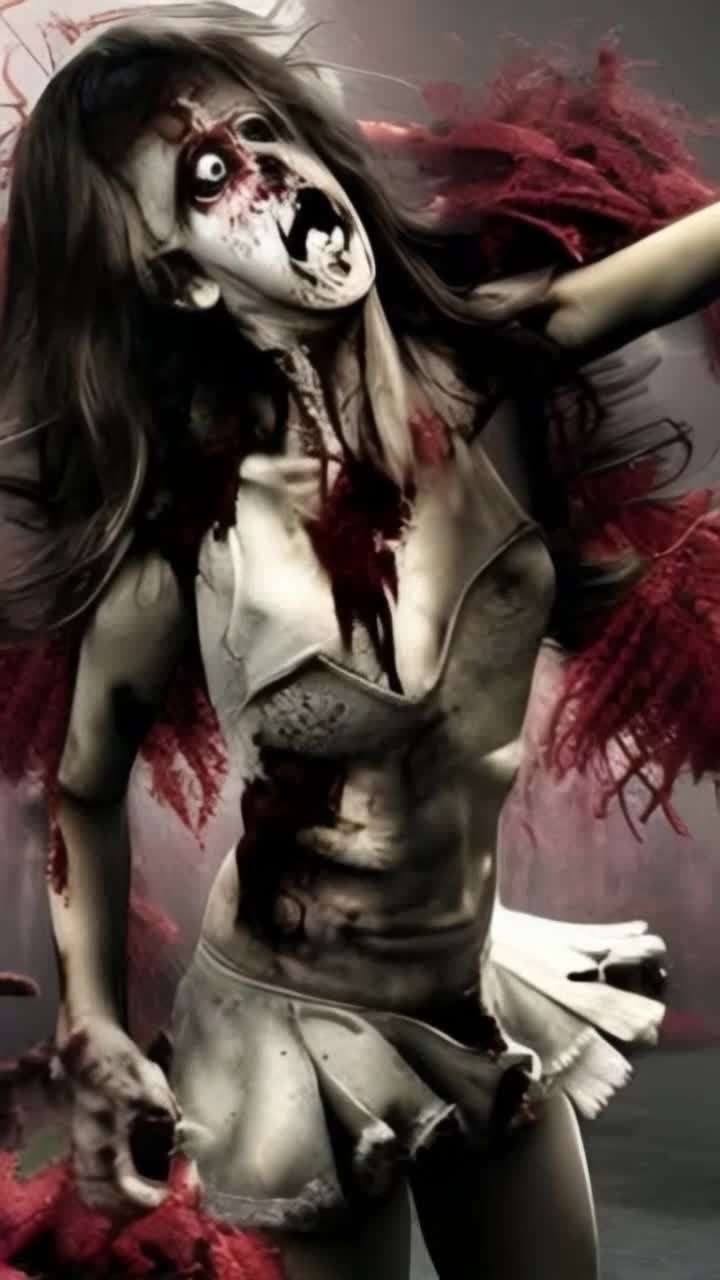 Zombie cheerleader, dancing with pom poms 