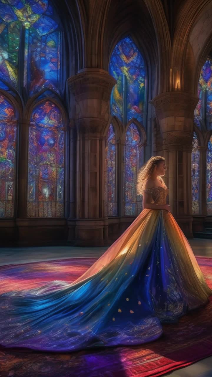 Regal prince adorned in lush velvet alongside graceful princess in flowing gown twirl elegantly beneath shimmering moonlight Castles towering walls resonate with vibrant histories filled with intricate tapestries and polished stone floors Glittering beams of moonlight filter through majestic stained glass windows creating a kaleidoscope of colors that dance playfully at their feet while enchanting melodies fill the air wrapping around them like an embrace