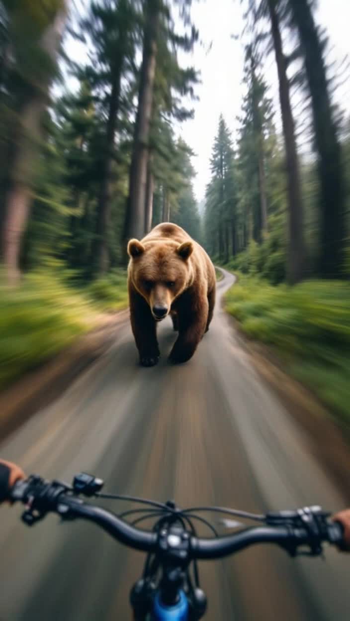 With a GoPro camera attached to the helmet of first person POV,  a biker is catching up to a cute fully grown big brown bear running on the bike path down hill and the biker passes by as the bear looks questioningly startled by being fast paced passed by, trees are almost a blur as the camera refocuses in the head turning forward to watch the thrilling momentum, like a rollercoaster speeding downhill