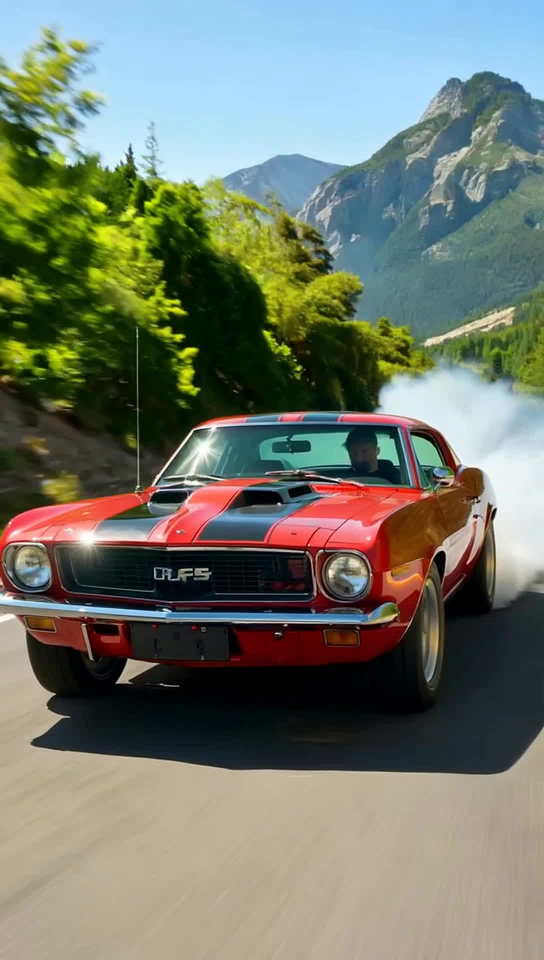 Classic 1968 Camaro muscle car gleaming in vibrant red racing colors powerful engine roaring with excitement tires gripping asphalt fiercely creating a cloud of billowing smoke trailing behind car speeds forward with adrenalinefueled intensity Sun shining brightly overhead casting dynamic shadows along the open highway lined with lush green trees swaying gently in the breeze distant mountains towering majestically creating a breathtaking backdrop for this exhilarating ride asphalt stretches endlessly inviting freedom and adventure