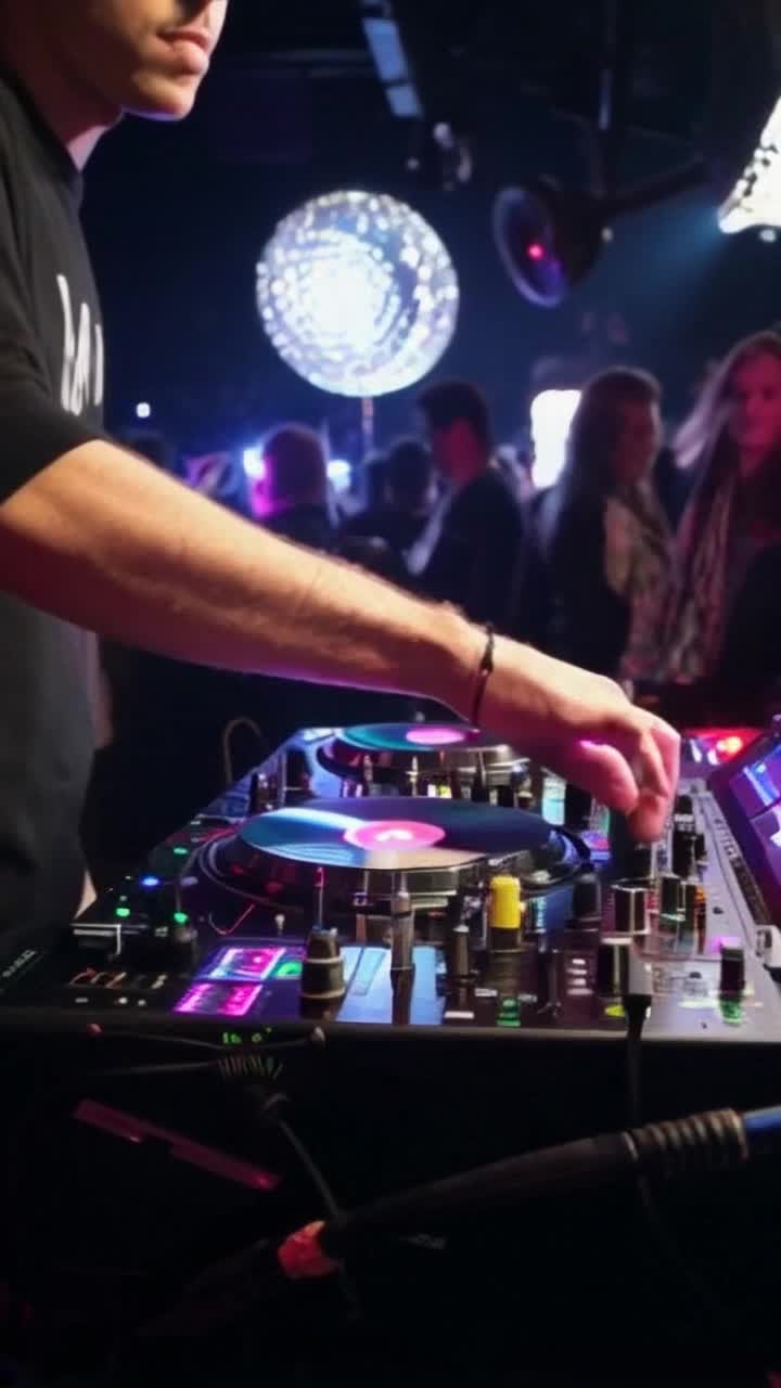 Dynamic DJ spinning vibrant records Hands moving rhythmically over colorful turntables Pulsating neon lights flickering in a lively nightclub atmosphere Crowd dancing energetically under swirling disco balls