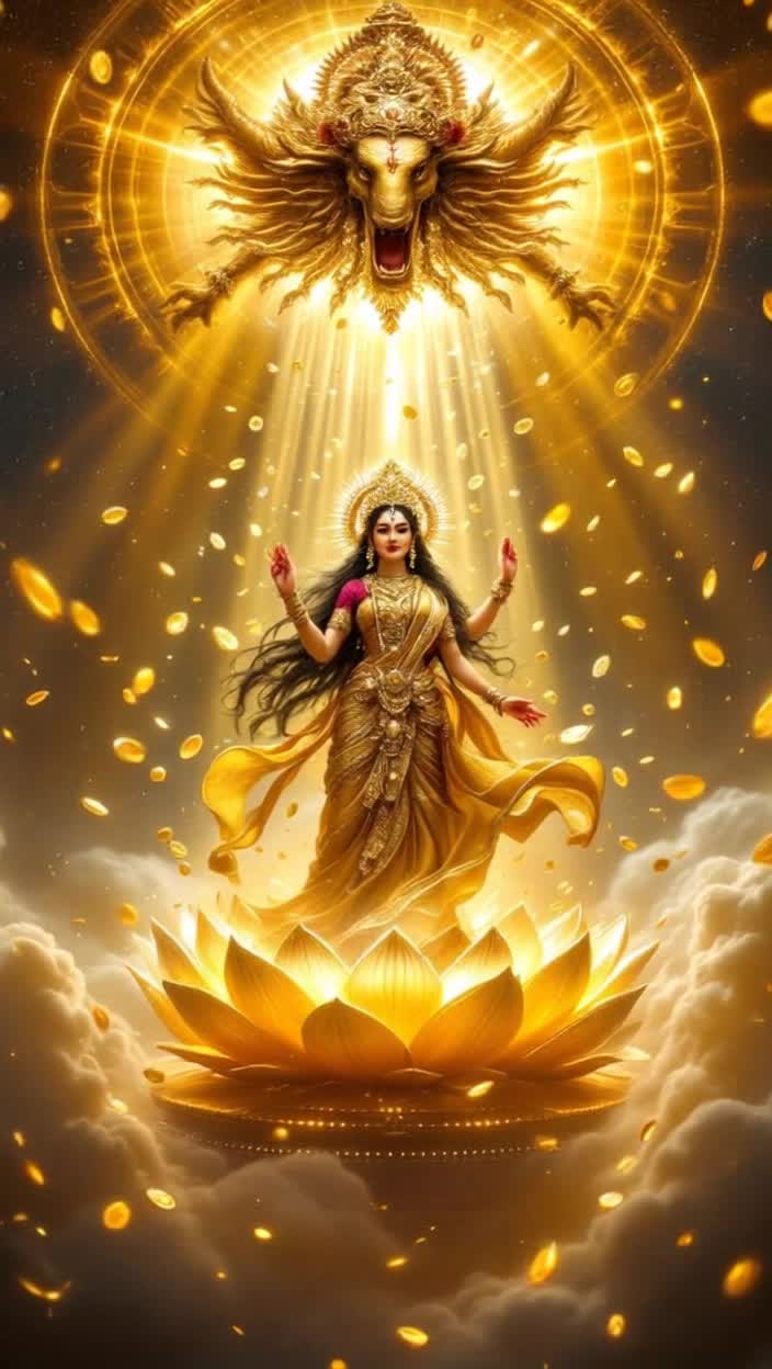 Goddess Mahalakshmi radiates opulence and grace as she emerges from a swirling vortex of golden light in an infinite cosmic space Ethereal veena melodies fill the air while a giant, shimmering golden lotus throne reveals itself adorned with floating gold coins and gleaming pearls With an enchanting presence, she rises wearing a resplendent sari embellished with intricate gold zari, her flowing hair crowned with exquisite flowers and a brilliant golden crown Coins cascade like shimmering rain from her hands, transforming into a dazzling display of gems and diamonds as the majestic Airavata showers purity above