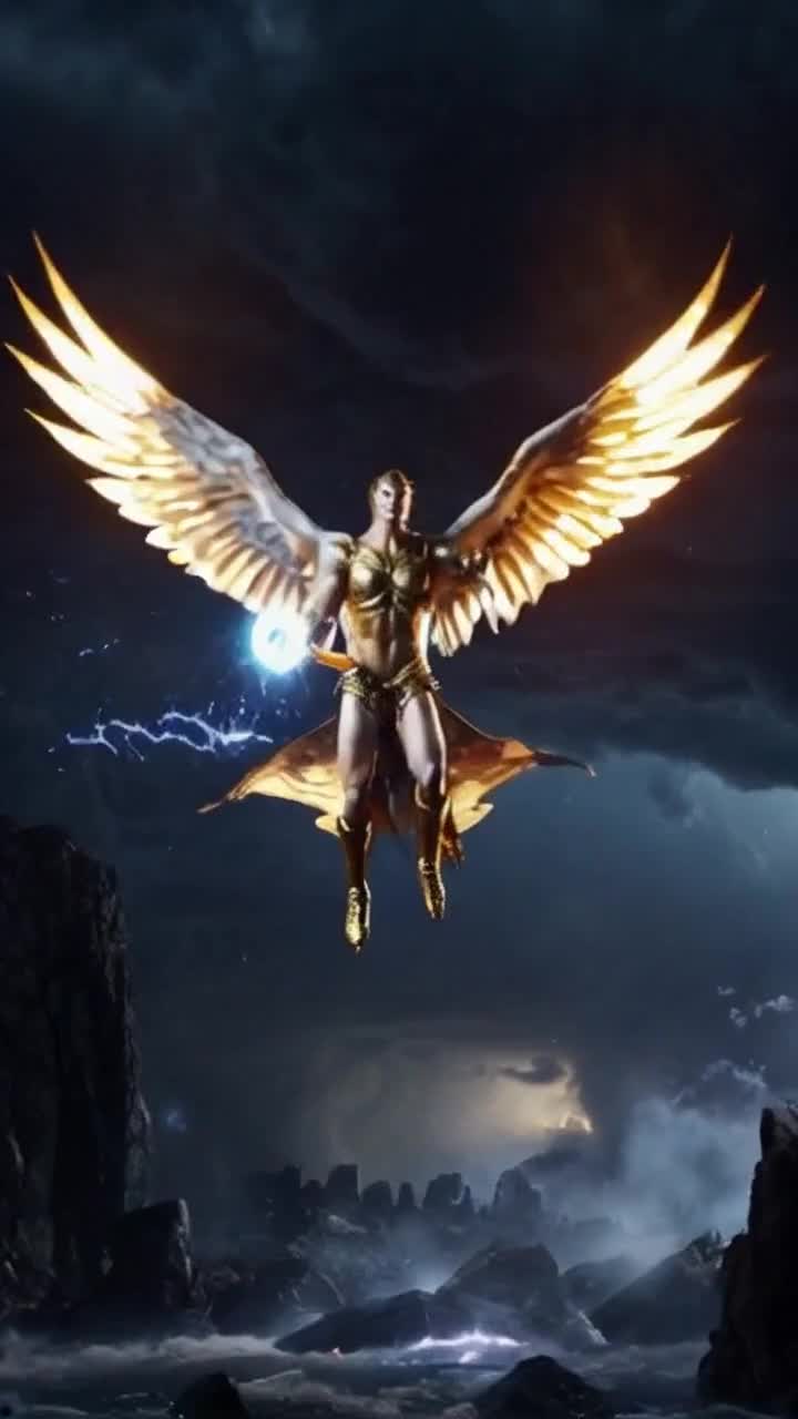 Radiant battle angel adorned in shimmering armor flexes powerful muscles gripping a mighty Lightning Mace poised to unleash divine fury majestic wings unfurling with an ethereal glow Behind him dark storm clouds swirl electrifying energy crackles in the air bolts of thunder crash illuminating the scene with flashes of brilliance sacred symbols glowing around him as he stands ready to conquer in a realm of celestial conflict