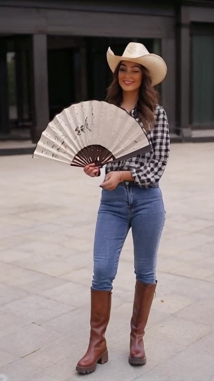 Beautiful African American woman opening and closing large paper fan while wearing cowboy boots fitted jeans and blouse and cowboy hat