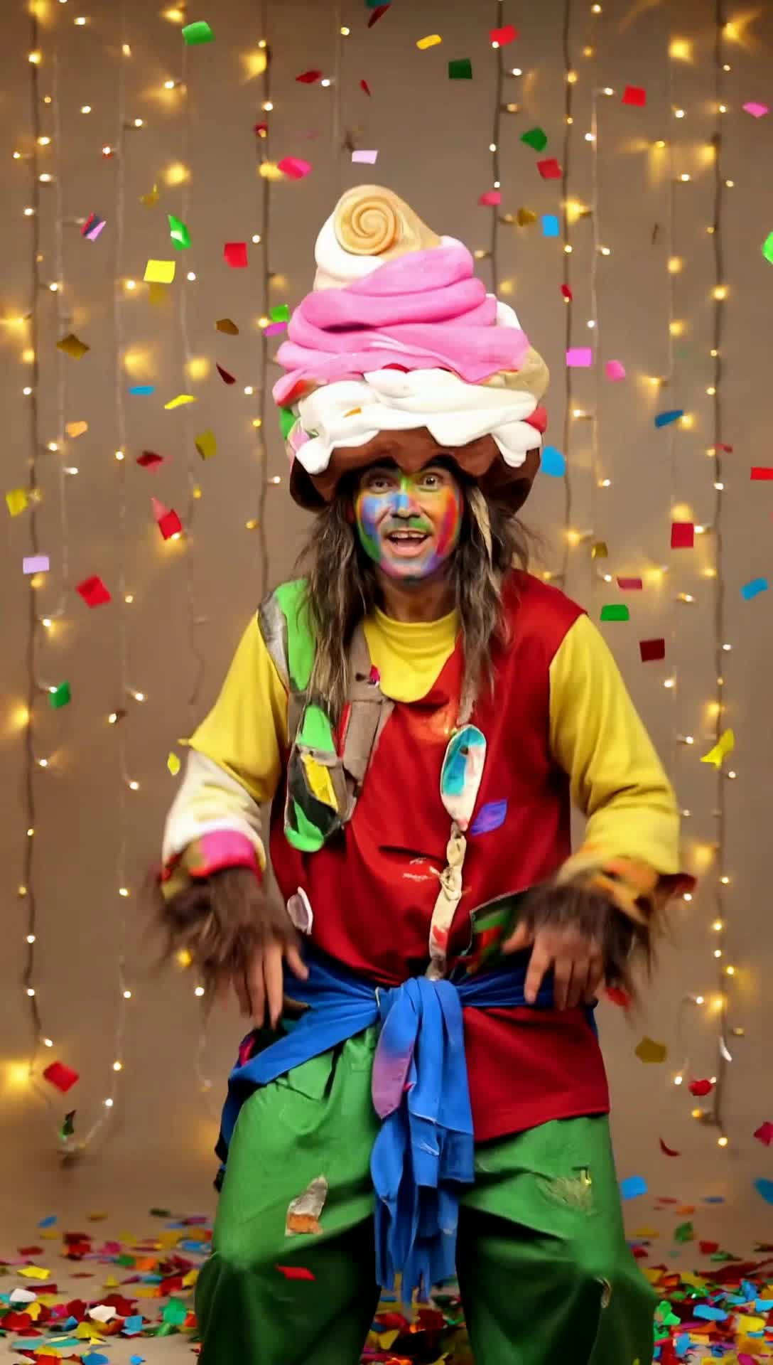 Colorful wild man with disheveled hair and mismatched outfit dominates scene wearing oversized hat crafted from swirls of neapolitan ice cream   Erratically gestures and hops around showcasing eccentric personality   Vibrant carnival background filled with swirling confetti and twinkling fairy lights creating a surreal festive atmosphere