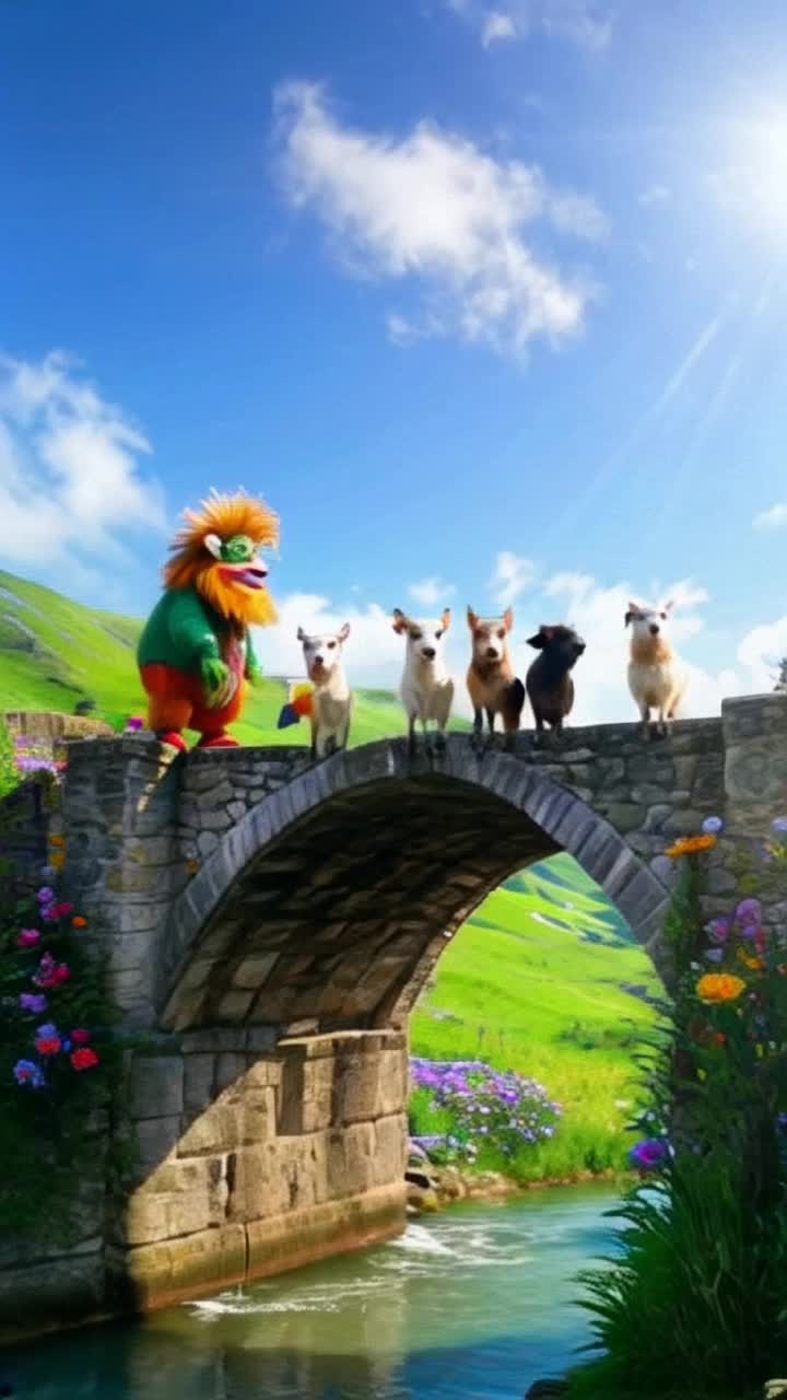 Colorful animated troll with wild hair teetering on old stone bridge Little billy goat charging determinedly forward Family of adorable billy goats gathered cliffside cheering enthusiastically One goat proudly holding a handmade sign saying we love you Vibrant green hills stretching into a bright blue sky Sunlight glinting off the stone bridge with flowers blooming along the edges Playful clouds floating by adding whimsy to the scene Excitement and chaos as the troll tumbles off the bridge into a stream below Sound of laughter echoing throughout the landscape