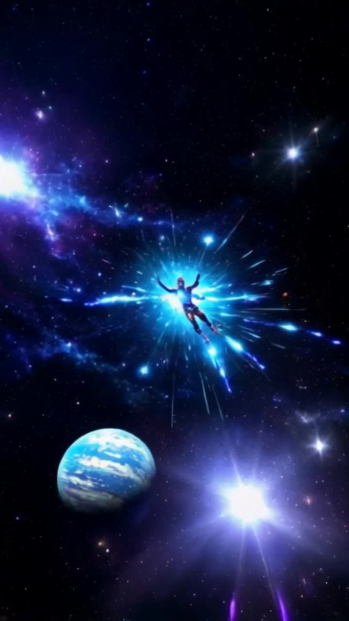 Warrior with spiky hair radiating energy vibrant cosmic hues unleashes streams of atomic blue energy spiraling towards creation of vibrant new planets. Celestial backdrop filled with twinkling stars swirling galaxies cosmic nebulae pulsating with colors creating a breathtaking spectacle as warrior soars gracefully through the void. Each burst of energy gives birth to unique planetary formations vibrant life sparkling oceans lush landscapes inviting exploration mystery adventure. Cosmic winds whip around warrior enveloping in luminescent trails illuminating path through endless universe filled with wonder