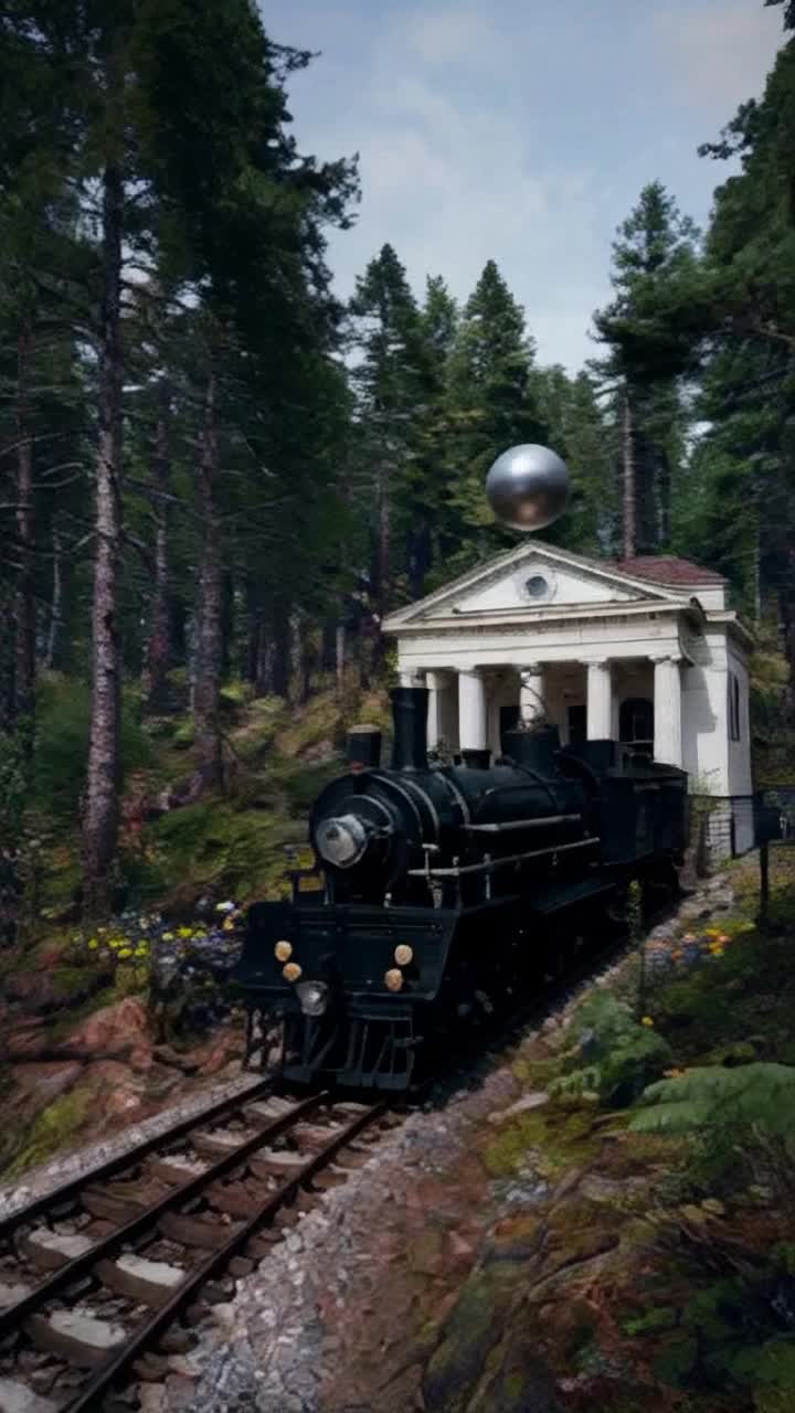 A realistic vintage once beautiful now vine covered black locomotive train from the 1870s near a white Roman style building with Roman columns There is a 3 foot silver ball floating above the building The beautiful building is nearly obscurred in a deep dark beautiful mysterious forest in the Northern USA The forest is full of varied trees and plants including pine trees ,cedar, birch ,oak,  ferns, mosses, ivy, varied wild flowers of yellow, pink, blues, purples, and white