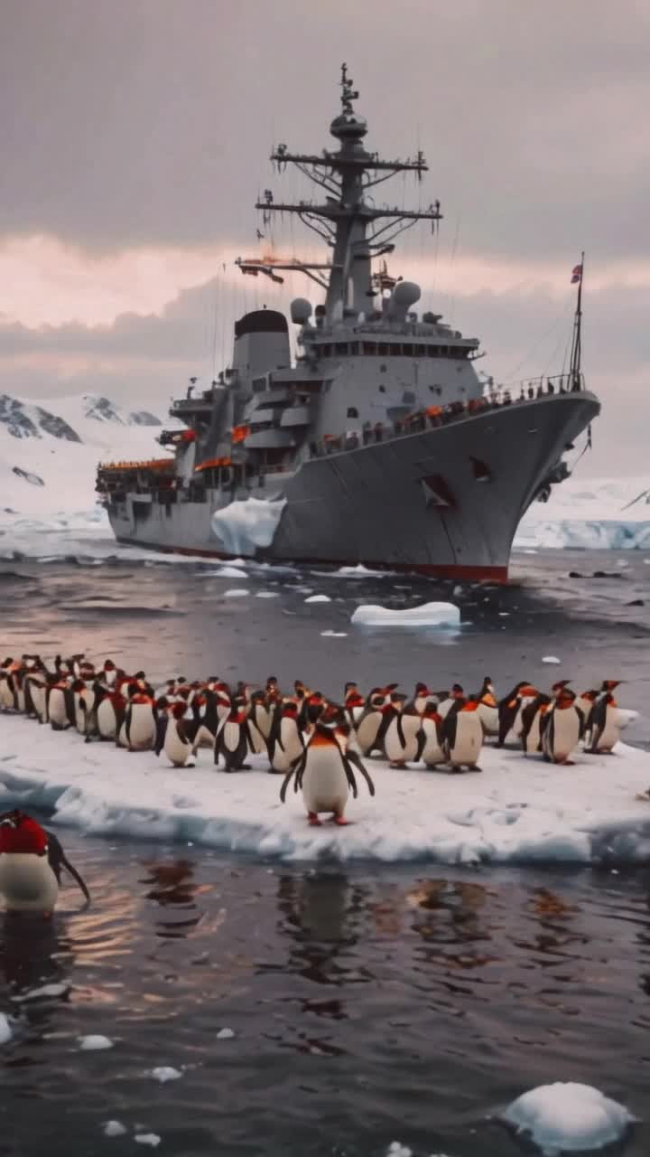Penguin soldiers march bravely towards aircraft carriers, next to tanks, wearing red, and white camo, in the antarctic,