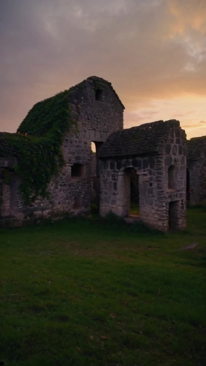 Ancient grey stone structures clustered together exuding charm and character portraying times embrace Eerie silence enveloping the scene as whisper through crevices WLush green grass sprawling around the manor contrasting with weathered stones Overgrown ivy cascades down walls creating a tapestry of natures reclaiming A hazy evening sky painted with oranges and purples sets a wistful backdrop as shadows elongate across the landscape inviting exploration into forgotten stories of history hidden within these quaint relics