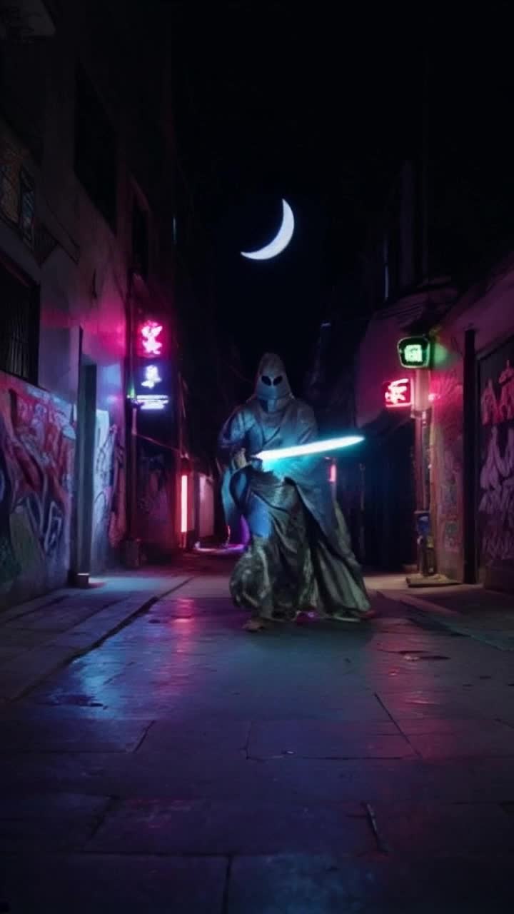 Mystical Jedi ninja lunges forward with elegance shimmering robes billow like smoke glowing with ethereal light draws luminous saber radiance cutting through shadows illuminating dark alleyway drenched in mystery flickering neon signs cast vibrant reflections on damp cobblestones graffiti-laden walls reveal hidden stories whispers of the night echo around her cloaked in intrigue tension hangs thick as adrenaline surges through the air inviting an epic confrontation beneath the haunting glow of a crescent moon shadows dance around her poised figure as the adventure begins