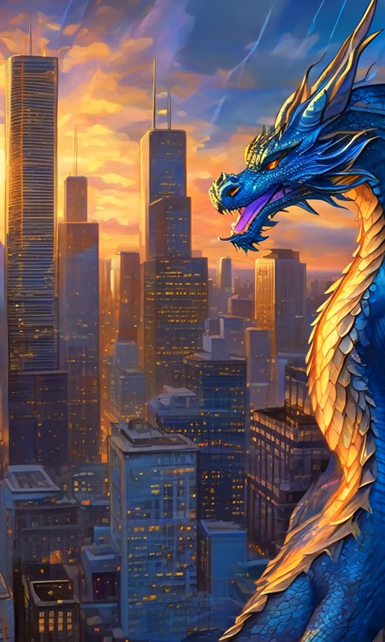 Majestic blue dragon soaring gracefully across a glowing skyline of Chicago illuminated by golden hour light wisps of haze swirling around shimmering skyscrapers glinting in the fading sunlight vibrant colors painting the horizon casting shadows on bustling streets below delicate reflections dancing on windows of towering buildings creating a magical atmosphere filled with wonder enchanting journey through an urban landscape alive with energy breathtaking view merging fantasy with reality in a breathtaking dusk sky