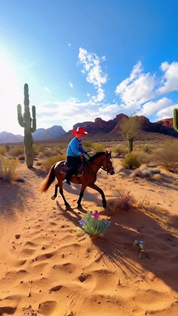 Colorful clown dressed in a whimsical cowboy costume vibrant red nose gleaming joyfully gallops across a sunlit desert landscape riding a charming toy wooden horse two cacti standing tall and proud casting long shadows in golden light soft wind rustles through desert brush as colorful wildflowers peek through sandy soil creating a playful contrast against the dry earth distant mountains loom majestically under a bright blue sky adorned with fluffy white clouds adding depth and wonder to this enchanting scene surreal energy radiates inviting smiles and sparks of imagination