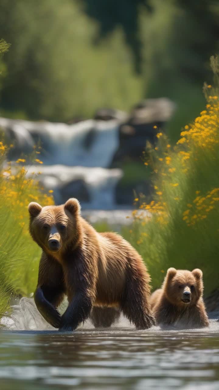 Playful Kodiak bear cubs tumble joyfully splashing in a shimmering stream Bouncing and darting through water as fish leap gracefully above the surface Massive Kodiak bear lounges contentedly on riverbank basking in warm sunlight Surrounded by vibrant wildflowers dancing gently in the soft breeze Hints of golden sunlight filtering through lush green trees illuminating tranquil scene Nature alive with sounds of splashing water and rustling leaves as bears frolic and relax amidst stunning wilderness