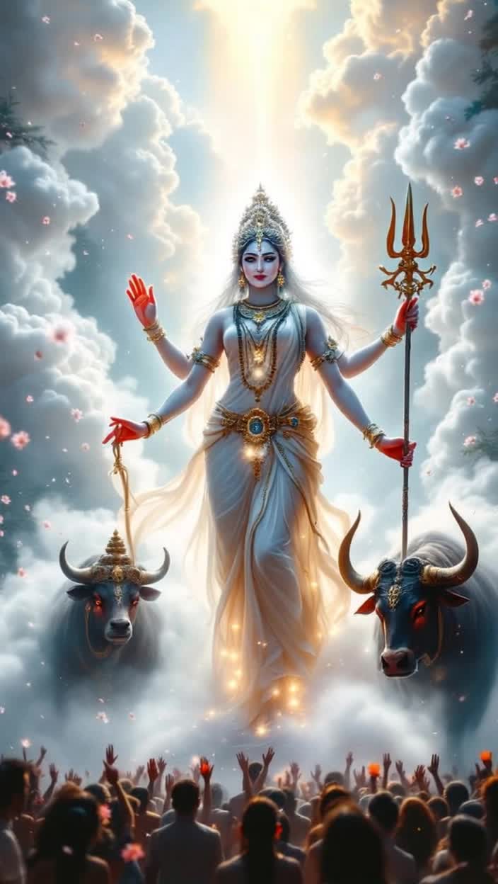 Radiant Goddess Mahagauri graces the scene illuminated in brilliant 8K animation A stunning figure draped in flowing white garments symbolizes purity and tranquility Her four arms exude grace and power One arm wields a gleaming trident while another reassures with an Abhaya Mudra In one hand she grasps a damaru while the other offers blessings in Varada Mudra Majestic bull Vrishabh stands beside her representing strength and righteousness Surrounded by ethereal clouds of white mist delicate blossoms float gently in the air as sunlight breaks through casting soft golden rays Worshippers gather in awe enveloped in a serene atmosphere of devotion and hope