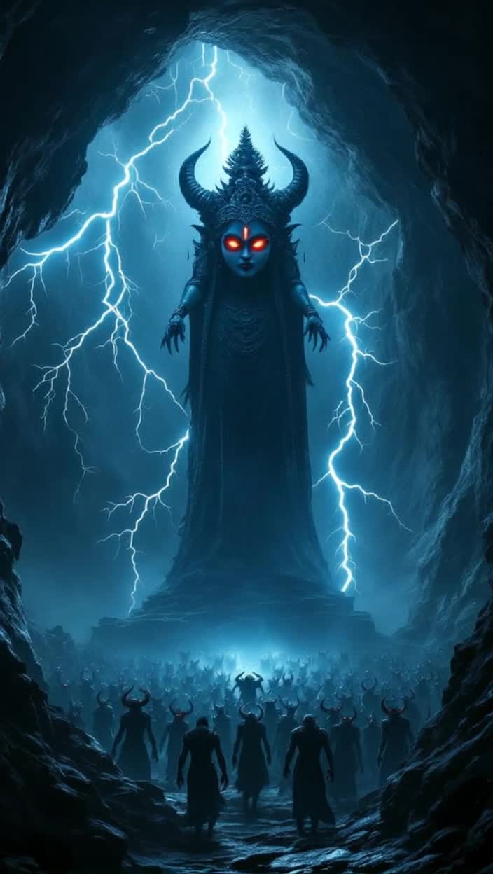 Dark cave illuminated by flickering lightning Terrifying yet serene statue of Maa Kaalratri stands tall Her glowing eyes radiate fiery intensity while her tranquil expression evokes calmness Chaotic thunder echoes outside a legion of menacing demons led by Raktabeej
