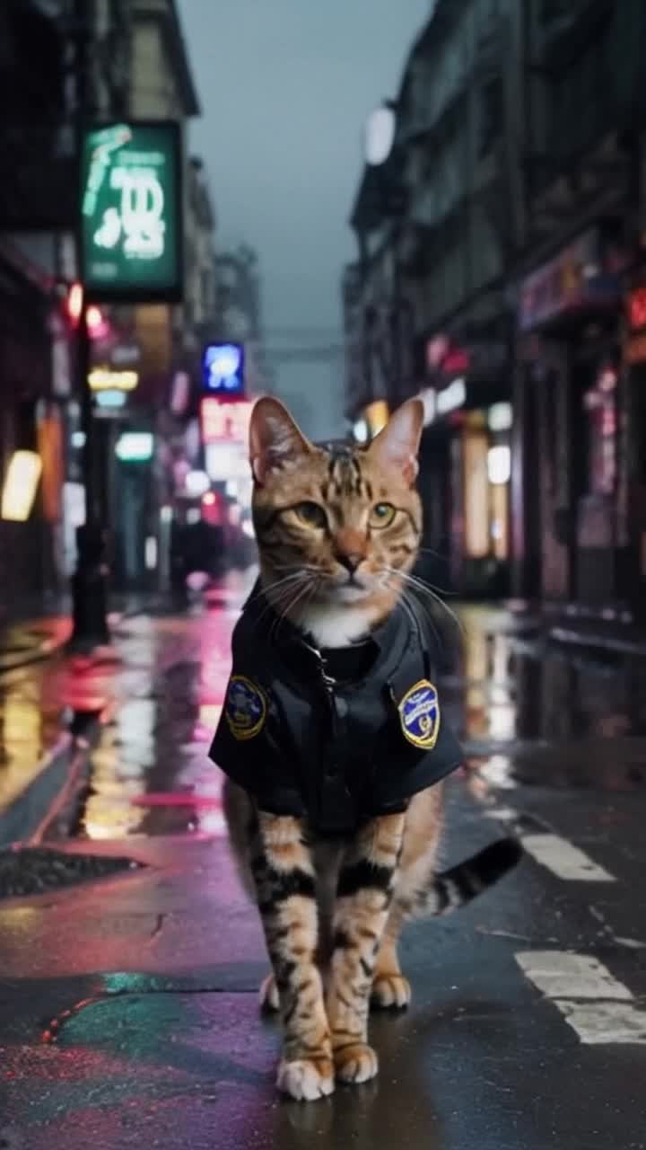 Bengal cat dressed as a suauve police officer striding with confidence on two legs displaying a curious expression City streets bustling with vivid colors neon signs flickering in the background rainsoaked pavement reflecting lights shadowy alleys hinting at mysteries to solve,  interesting 70s scene moves walking into frame from left side and walking out of frame on the right side