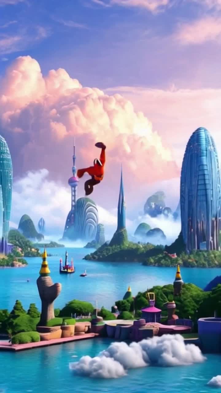 Vibrant animated characters filled with personality and charm bounce energetically across the screen showcasing their exaggerated features and bright colors They engage in whimsical antics like chasing each other through the air and performing silly stunts full of laughter and fun A fantastical cityscape unfolds in the background with towering buildings and floating islands adorned with candycolored elements under a radiant blue sky filled with fluffy clouds Playful sound effects accompany their antics creating an exhilarating atmosphere that invites viewers into a world bursting with imagination and creativity