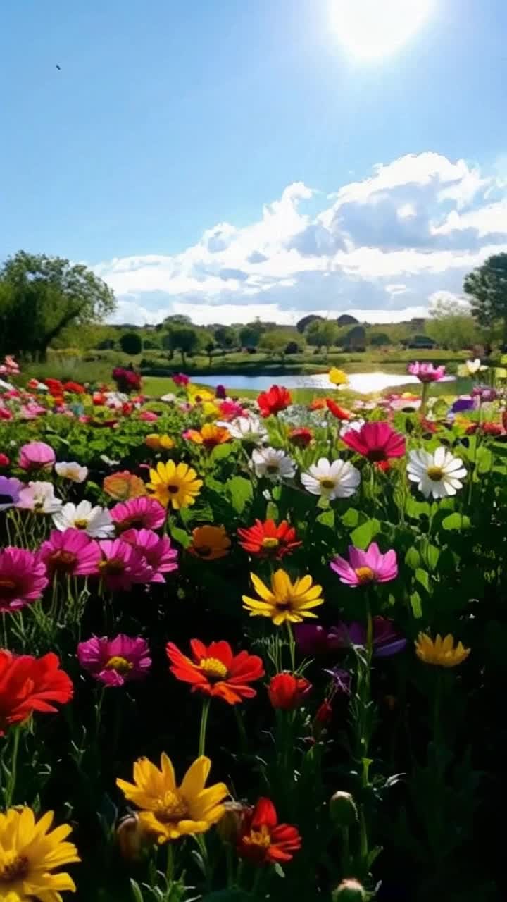 A vibrant flower garden bursting with colors Rays of sun illuminating petals as a gentle breeze sways blossoms Bees dancing from flower to flower surrounded by lush greenery and soft petals fluttering in the wind A tranquil pond reflecting blue skies and fluffy white clouds in the distance