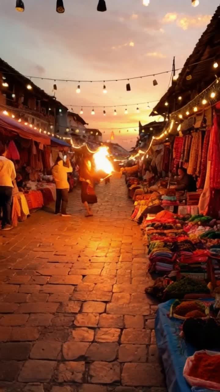 A vibrant marketplace bustling with life numerous stalls adorned with colorful textiles customers haggling animatedly Overhead strings of lights flicker as cheerful music fills the air Brightly colored spices piled high in baskets fragrant scents waft through the cobblestone streets A street performer captivating a crowd twirls elegantly juggling flaming torches under a stunning sunset casting warm hues across the scene