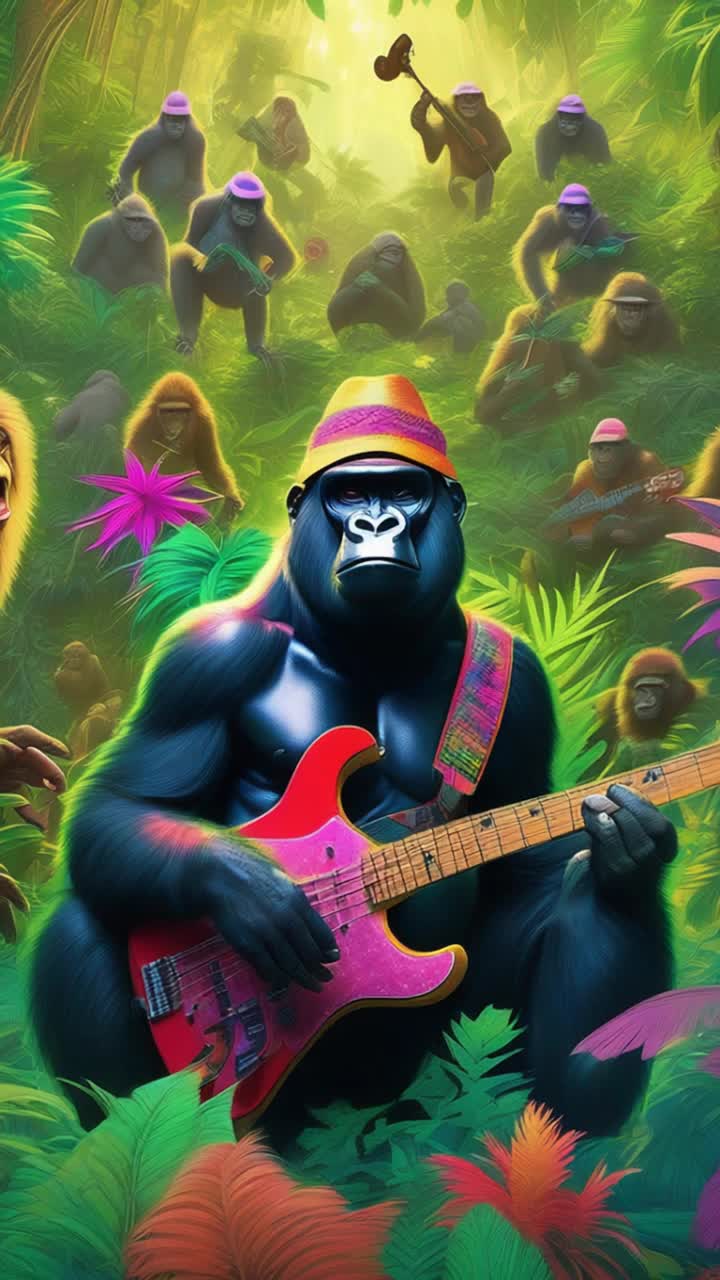 Gorilla wearing colorchanging bucket hat jamming on bass guitar with swagger surrounded by a lively troop of fellow gorillas peacefully smoking lush green buds vibrant jungle teeming with towering marijuana plants and tropical foliage glowing with vivid colors sunlight filtering through leaves creating an enchanting kaleidoscope of hues playing a soft lofi rhythm that resonates through the lush scenery adding a serene yet energetic vibe to the atmosphere bright flowers blooming around adding splashes of color to this tranquil celebration of nature and music