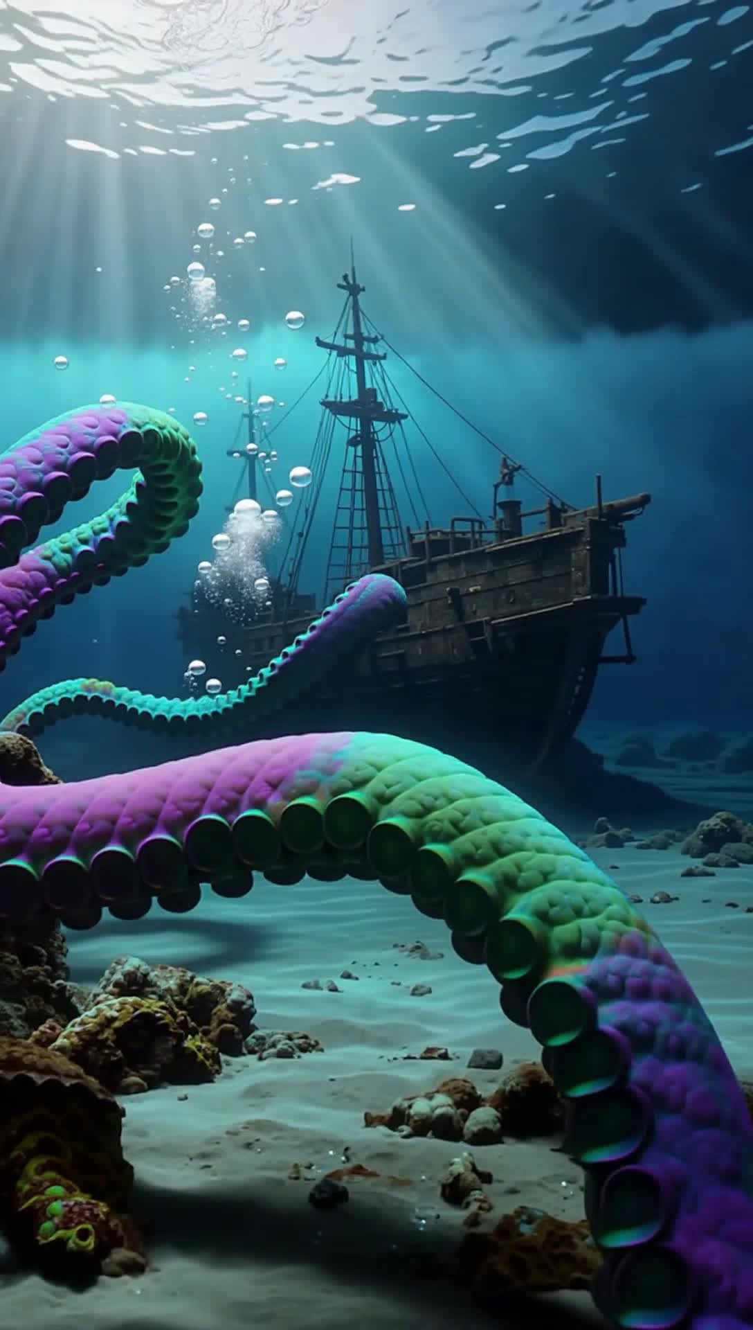 Swirling tentacles unfurling gracefully in shades of deep green and purple, sinuous forms flickering with bioluminescent glows, gliding through the murky depths of the ocean Shimmering bubbles rise around them, reflecting fragmented hues of light Ghostly fog billowing across the waters surface, shrouding everything in an eerie mist, mystical shadows dancing in the twilight Wisps of vapor curl around ancient shipwrecks, hinting at forgotten tales lurking beneath the waves