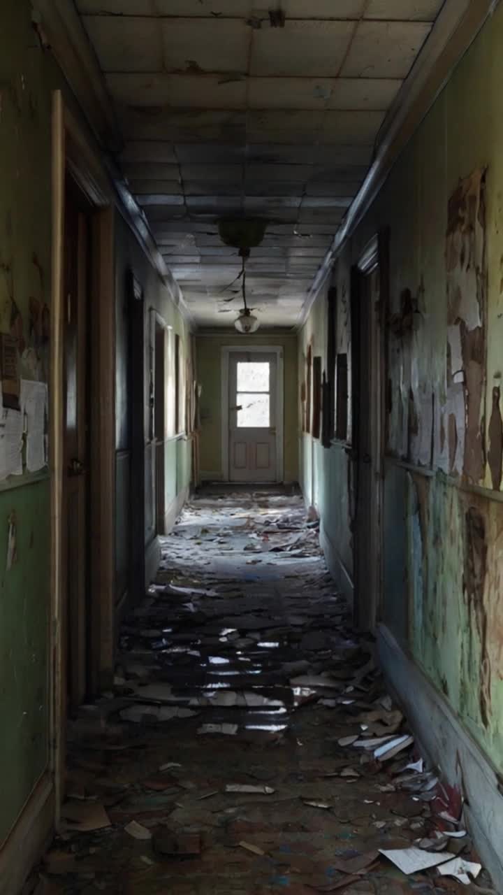 a tattered hallway steeped in decay, lined with faded portraits whose eyes seem to follow you