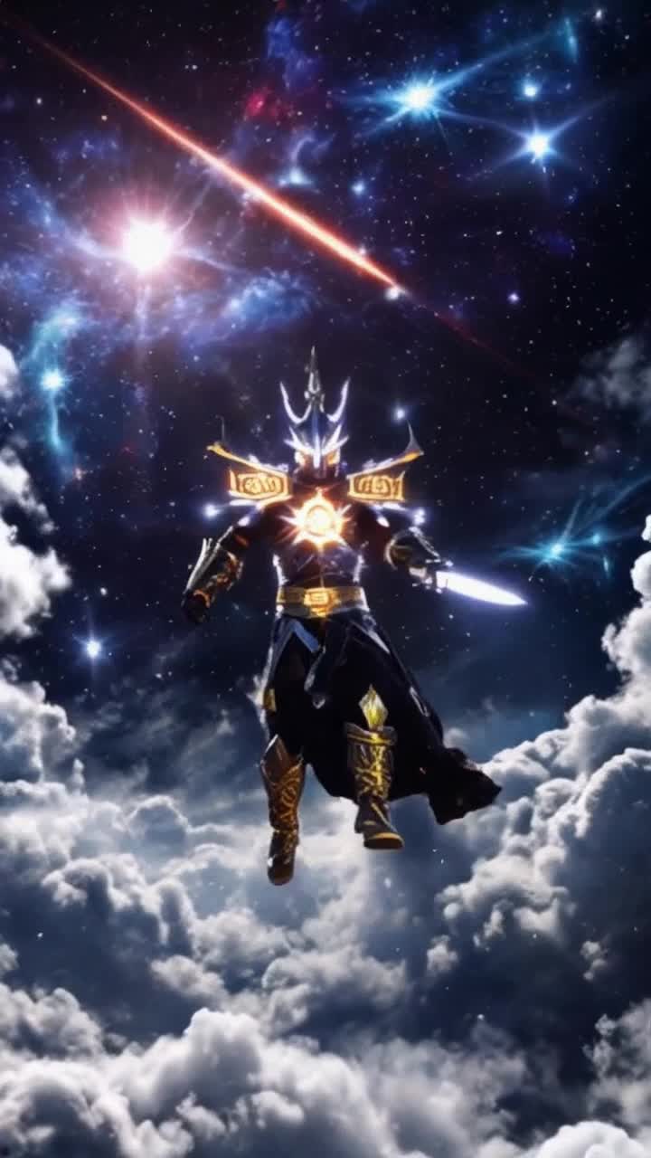 Majestic warrior cloaked in radiant armor powered by ancient symbols illuminating his form Profound descent slicing through turbulent clouds crackling with energy Celestial battleground swirling with vibrant galaxies and dazzling meteor streaks encircling chaotic forces clashing in an epic struggle