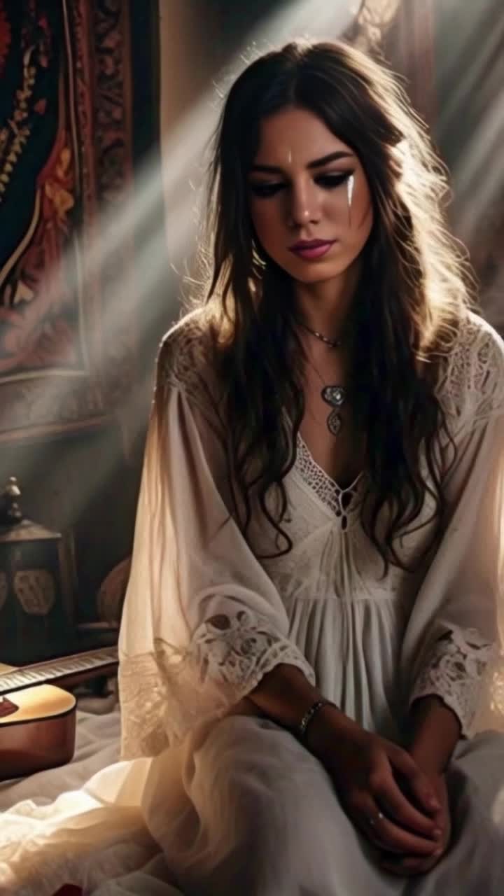 Elegant bohemian woman adorned in flowing fabrics surrounded by vibrant textiles and handcrafted decor gracefully weeps softly clutching a delicate ceramic vase filled with wildflowers moonlight filters through an open window casting gentle shadows on her tearstreaked face illuminating her heartfelt sorrow