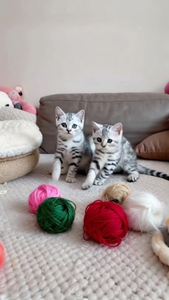 Fluffy kittens tumbling playfully, big curious eyes glimmering with mischief, tiny paws batting at colorful yarn balls, soft purring sounds filling the air, delicate whiskers twitching with excitement, one adventurous little furball chasing its own tail Sunlight streaming through a cozy window, warm rays illuminating a room filled with soft cushions and plush toys, gentle music playing in the background, a peaceful ambiance creating a heartwarming atmosphere, scattered toys hinting at a playful chaos, the scent of fresh flowers wafting in, inviting viewers into a delightful world where innocence reigns supreme