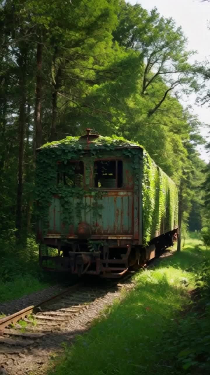 Faded rusty turquoise box car from the 1800s partially hidden beneath a lush blanket of vibrant green ivy tangled around its edges overgrown train tracks weaving through underbrush Rust flakes glint softly under faint sunlight filtering through tall ancient trees Whispers of wind rustle leaves as curious bears and graceful deer wander nearby, cautiously investigating this forgotten relic of history Dark deep mysterious forest stretches endlessly, shadows dancing among towering trunks, creating an enchanting atmosphere where natures embrace envelops every surface Fleeting glimpses of wildlife add life to this serene yet haunting scene