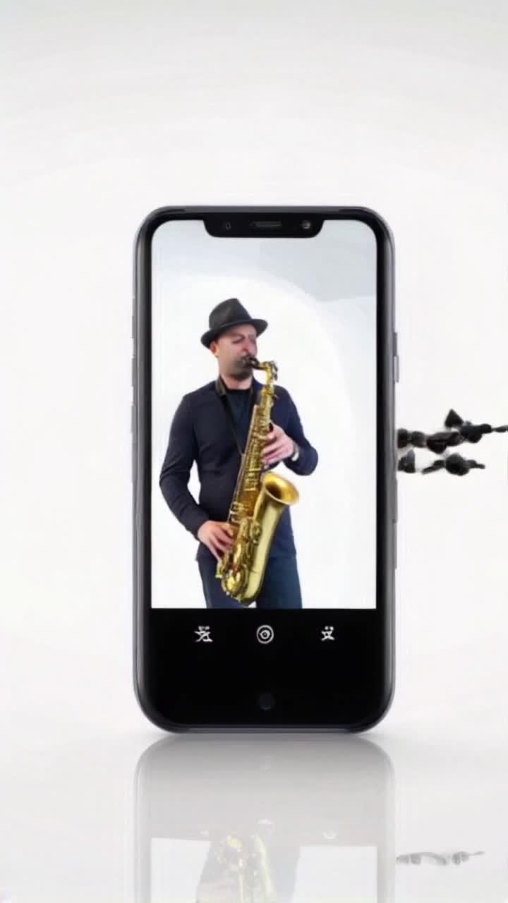 A creative 3D visual of a man playing the saxophone The man is inside a modern smartphone screen, but parts of the saxophone and his hat are popping out of the phone screen, breaking the frame The background is minimal and lightcolored to highlight the phone