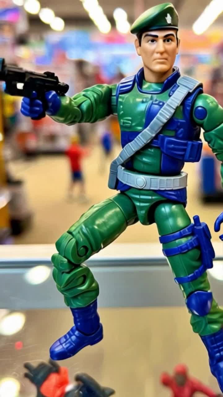 Vibrant action figure G I Joe stands proudly on a colorful shelf surrounded by an array of other nostalgic toys showcasing unique designs bold colors and captivating characters striking a heroic pose gripping a small weapon ready for adventure as sunlight filters through large shop windows casting playful shadows across the scene creating an inviting atmosphere filled with wonder and excitement inviting children and collectors alike to explore a treasure trove of imaginative playfulness nestled within each carefully arranged display adding to the charm of this lively toy store