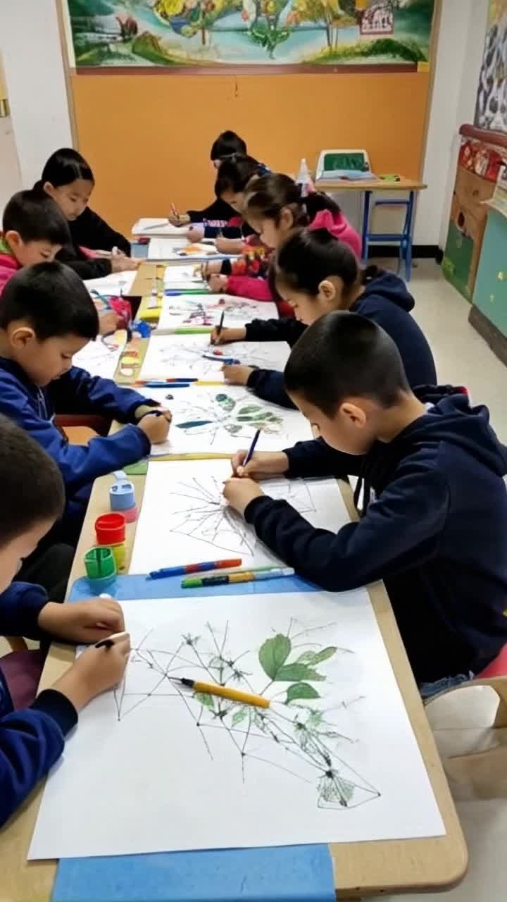 Vibrant group of students immersed in colorful art supplies bursting with creative energy brainstorming math concepts. Lively hands sketching geometric shapes tracing patterns on large rolls of paper. Brightly lit classroom filled with whimsical decorations posters of mathematical art intertwining with nature