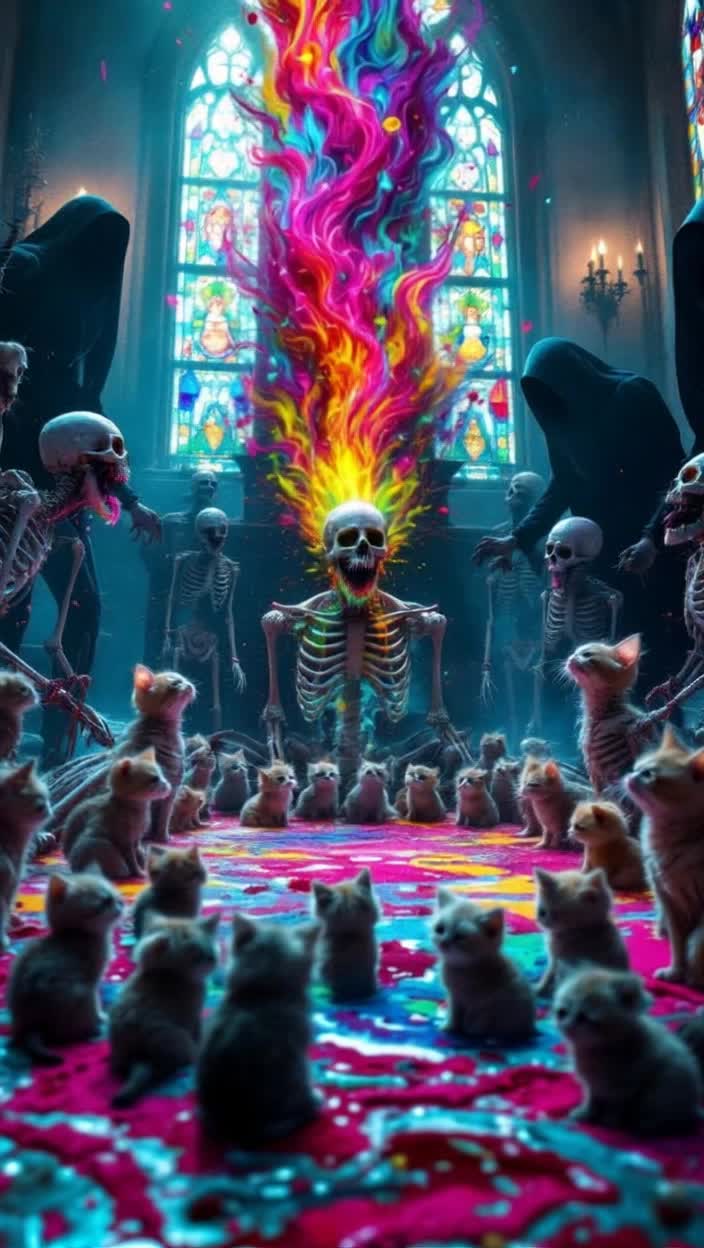 Skeletons vomiting up psychedelic Coles and patterns, skeletons getting hand cuffed while vomiting, kittens worshipping the vomit